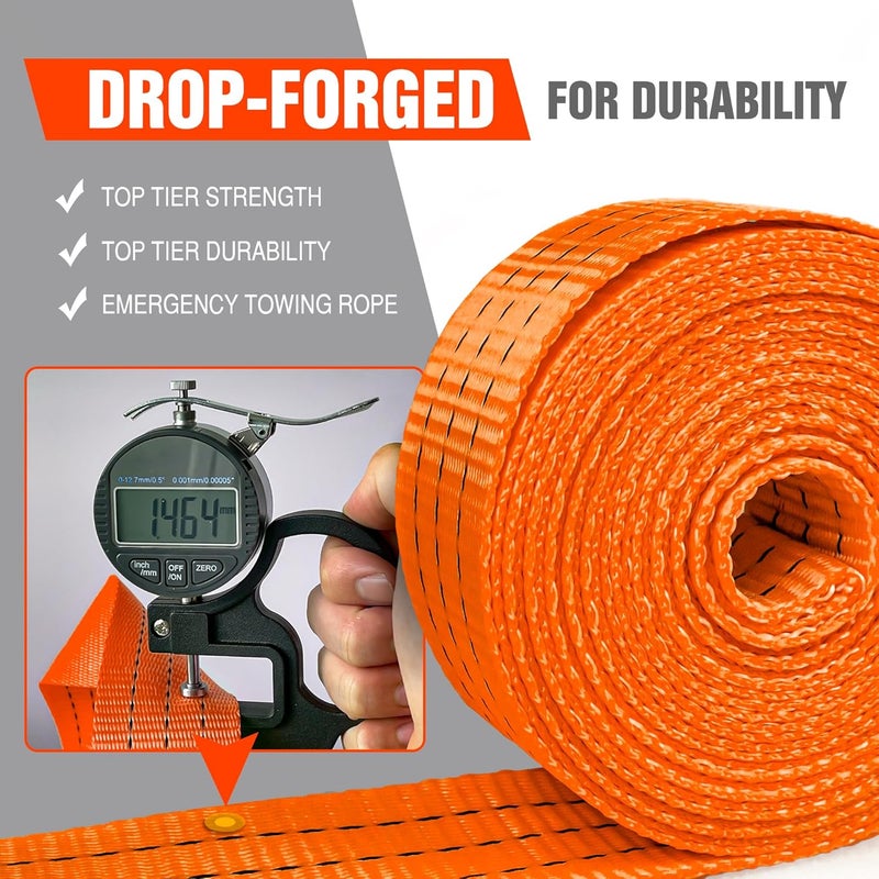 Digank Tow Strap with Hooks 2”x20’ 15,000 LBS, Tow Rope Metal Safety Hooks, Car Heavy Duty Recovery Rope for Trailers, Securing Items, and Farm Cleaning(Orange) - Image 3